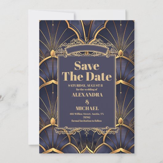 Paarse Art Deco bruiloft Save The Date (Voorkant)