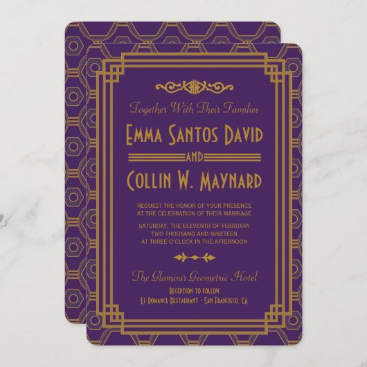 Paarse Art Deco bruiloft uitnodigingen (Voorkant / Achterkant)