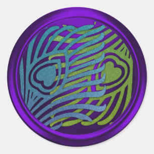 Paarse Art Deco Pauwenzegelenset 1104 Ronde Sticker