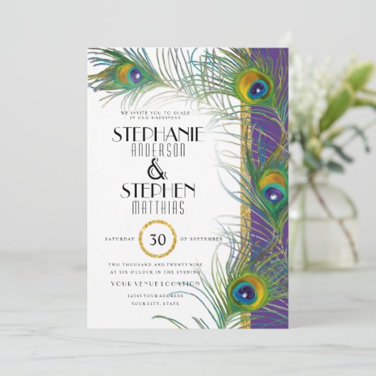 Paarse Art Deco Peacock draagt moderne typografie Kaart (Staand voorkant)