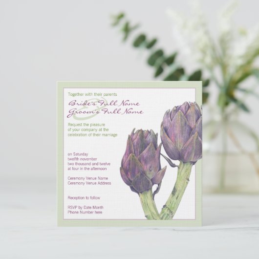 Paarse artichokes groene bruiloft uitnodiging (Staand voorkant)