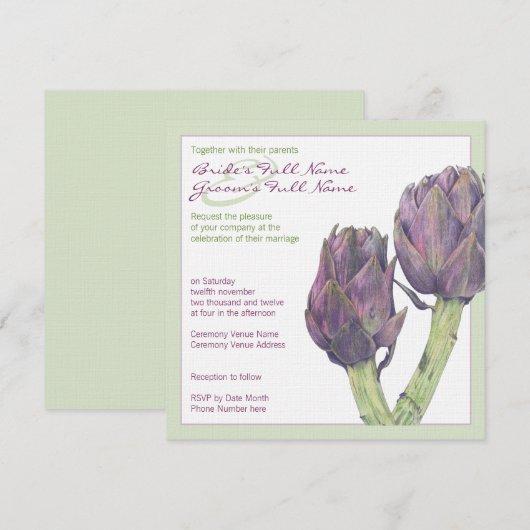 Paarse artichokes groene bruiloft uitnodiging (Voorkant / Achterkant)