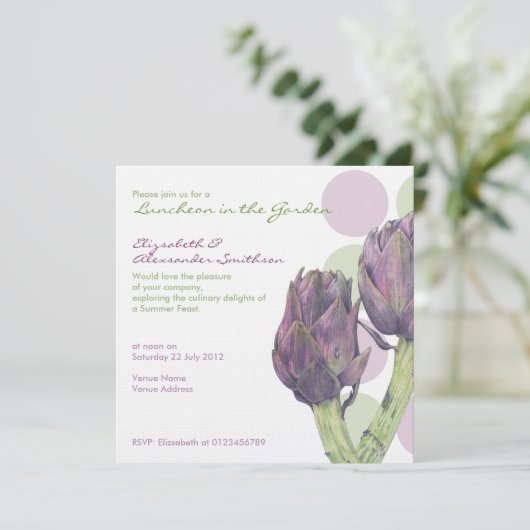 Paarse artichokes stippen Luncheon Uitnodiging (Staand voorkant)