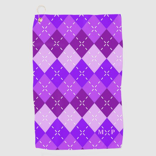 Paarse Arygle met witte stiksels gepersonaliseerd Golfhanddoek (Voorkant)