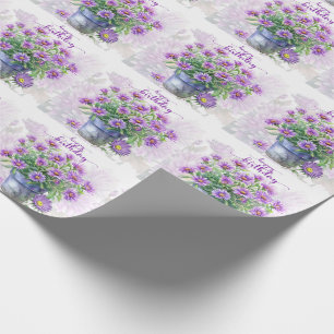 Paarse Aster Bloemen in een Pot Happy Birthday Cadeaupapier