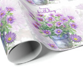 Paarse Aster Bloemen in een Pot Happy Birthday Cadeaupapier (Rol Hoek)