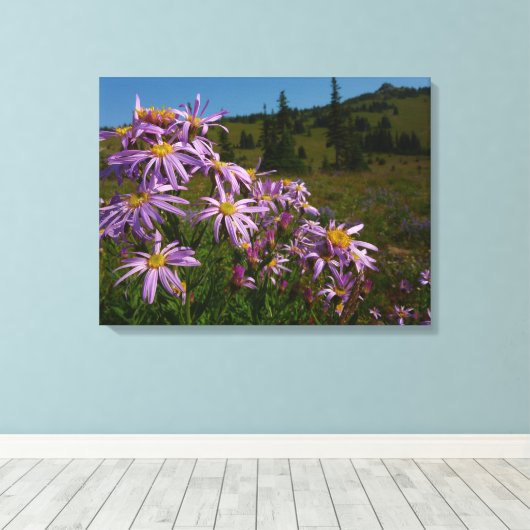 Paarse Aster Flowers op Mount Rainier Canvas Afdruk (Insitu (Houten vloer))