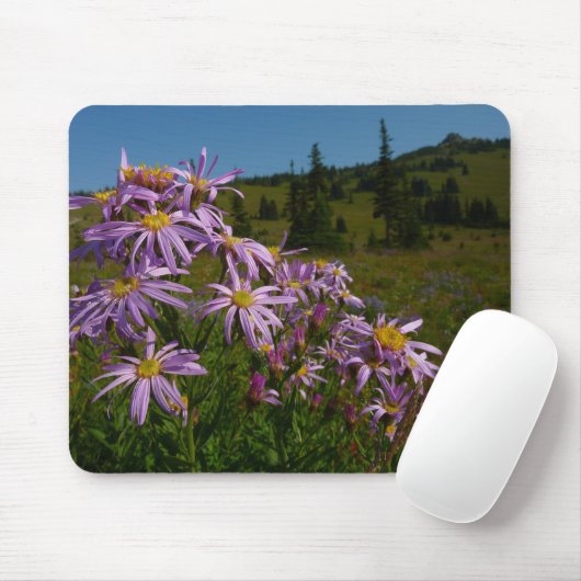 Paarse Aster Flowers op Mount Rainier Muismat (Met muis)