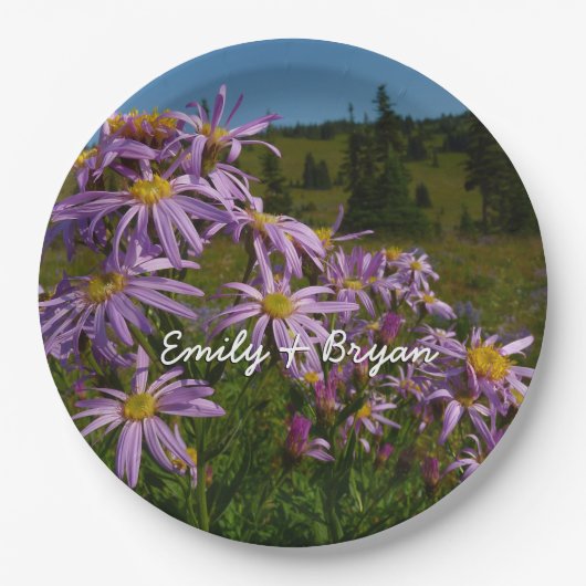 Paarse Aster Flowers op Mount Rainier Papieren Bordje (Voorkant)