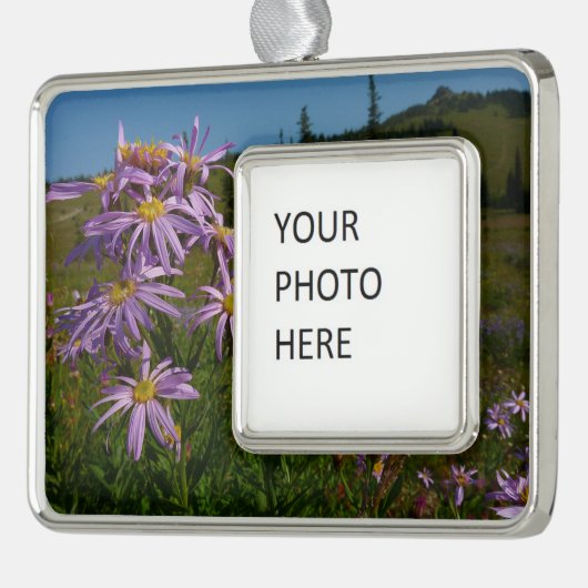 Paarse Aster Flowers op Mount Rainier Verzilverd Omlijst Ornament (Links)