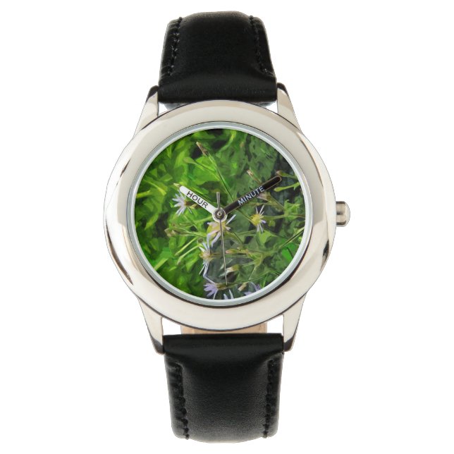 Paarse Aster onder verbrande bomen Abstract Horloge (Voorkant)
