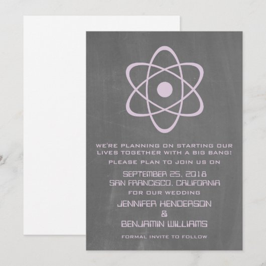 Paarse atoomalkboard sparen de Datum uitnodigen Save The Date (Voorkant / Achterkant)