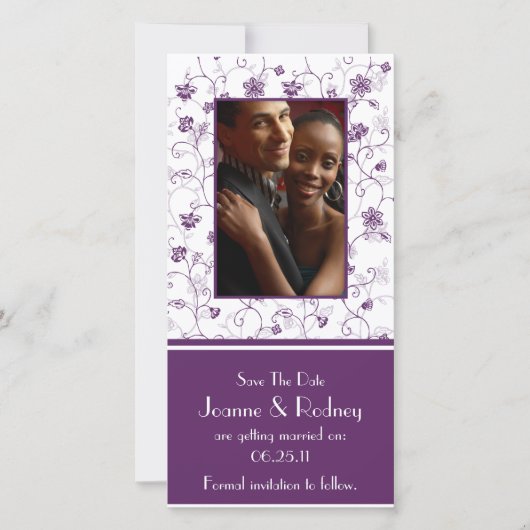 Paarse Aubergine en Witte Foto Save The Date (Voorkant)