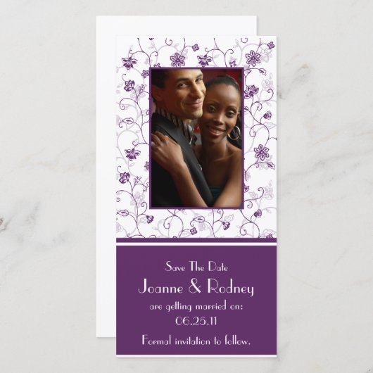 Paarse Aubergine en Witte Foto Save The Date (Voorkant / Achterkant)