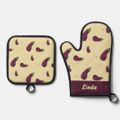 Paarse aubergines op geel ovenwant & pannenlap set (Voorkant)