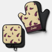 Paarse aubergines op geel ovenwant & pannenlap set (Voorkant / Achterkant)