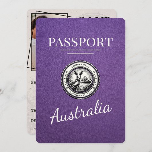 Paarse Australië paspoort Bewaar de datum Save The Date (Voorkant / Achterkant)