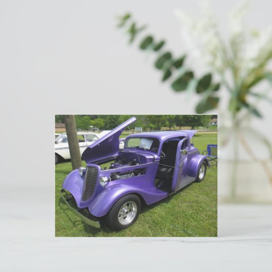 Paarse auto briefkaart (Staand voorkant)