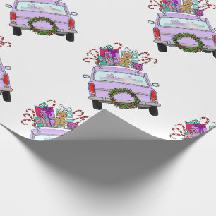 Paarse auto met kerstcadeaupapier cadeaupapier