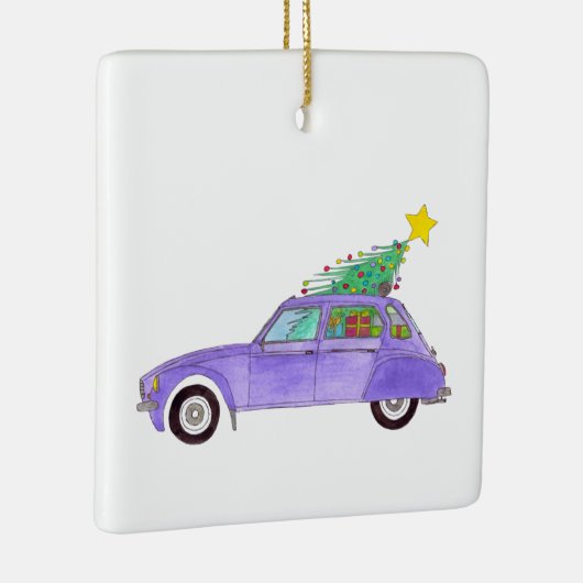 Paarse auto met kerstcadeaus keramisch ornament (Rechts)