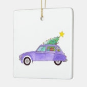 Paarse auto met kerstcadeaus keramisch ornament (Links)