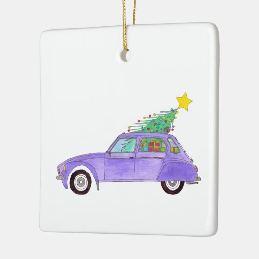 Paarse auto met kerstcadeaus keramisch ornament (Links)