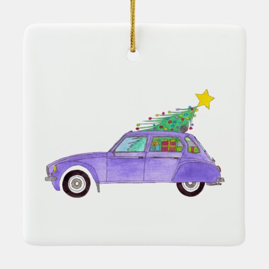 Paarse auto met kerstcadeaus keramisch ornament (Achterkant)