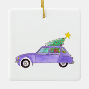 Paarse auto met kerstcadeaus keramisch ornament