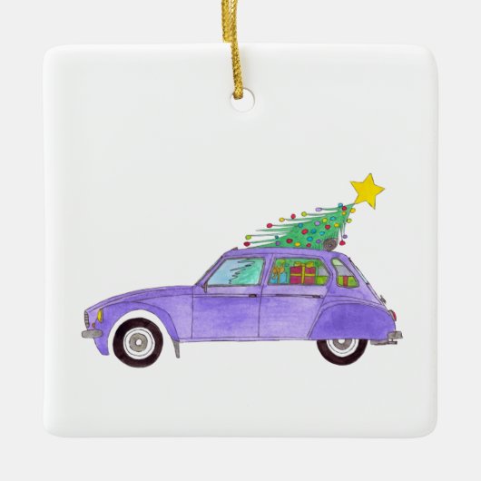 Paarse auto met kerstcadeaus keramisch ornament (Voorkant)