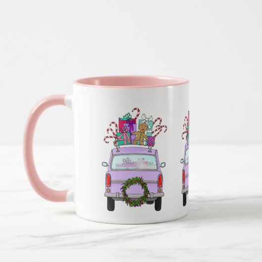 Paarse auto met kerstcadeaus mok (Links)