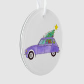 Paarse auto met kerstcadeaus ornament (voorkant)