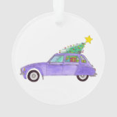 Paarse auto met kerstcadeaus ornament (achterkant)