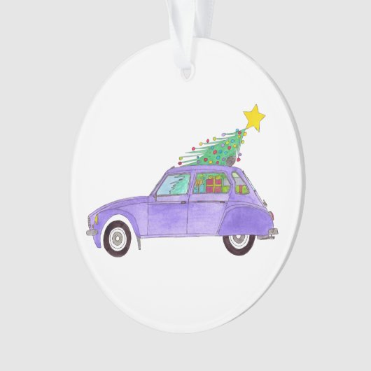 Paarse auto met kerstcadeaus ornament (voorkant)