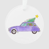 Paarse auto met kerstcadeaus ornament (voorkant)