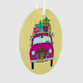 Paarse auto met kerstcadeaus ornament (voorkant)
