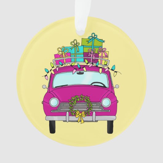 Paarse auto met kerstcadeaus ornament (voorkant)