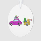 Paarse auto met kerstcadeaus ornament (voorkant)