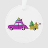 Paarse auto met kerstcadeaus ornament (voorkant)