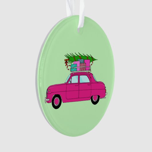 Paarse auto met kerstcadeaus ornament (voorkant)