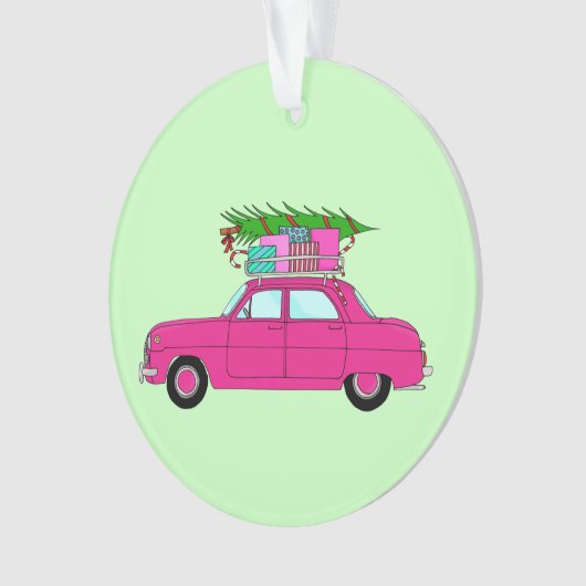 Paarse auto met kerstcadeaus ornament (voorkant)