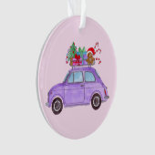 Paarse auto met kerstcadeaus ornament (voorkant)