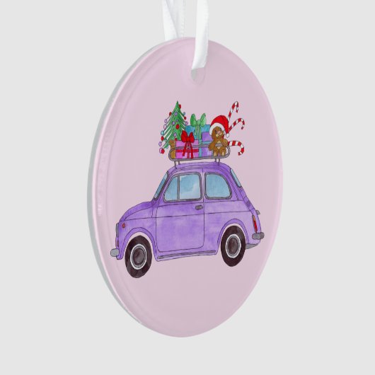 Paarse auto met kerstcadeaus ornament (voorkant)