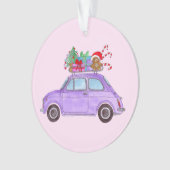 Paarse auto met kerstcadeaus ornament (voorkant)