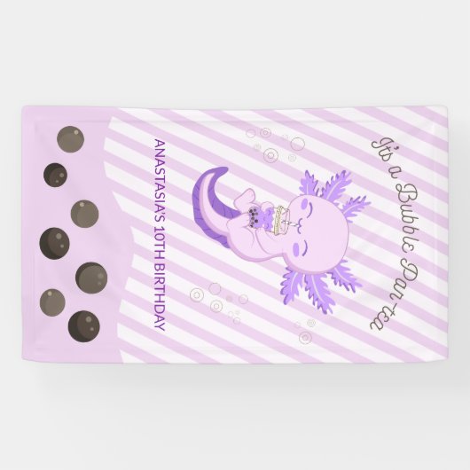 Paarse Axolotl Bubble Boba Tea Verjaardagsfeest Spandoek (Horizontaal)