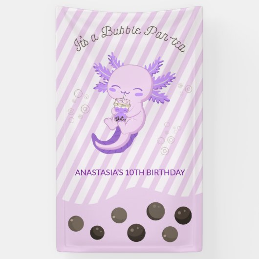 Paarse Axolotl Bubble Boba Tea Verjaardagsfeest Spandoek (Verticaal)