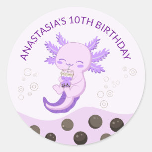 Paarse Axolotl Bubble Milk Boba Tea Verjaardagsfee Ronde Sticker
