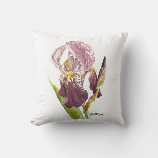 Paarse baard Iris waterverf bloem. Kussen (Voorkant)