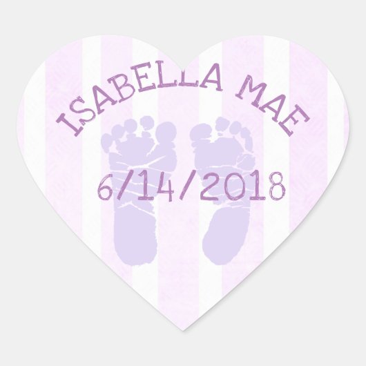 Paarse Baby Aankondiging voetafdrukken Hart Sticker (Voorkant)