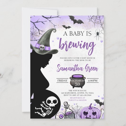 Paarse Baby brouwt Halloween Baby shower Kaart (Voorkant)