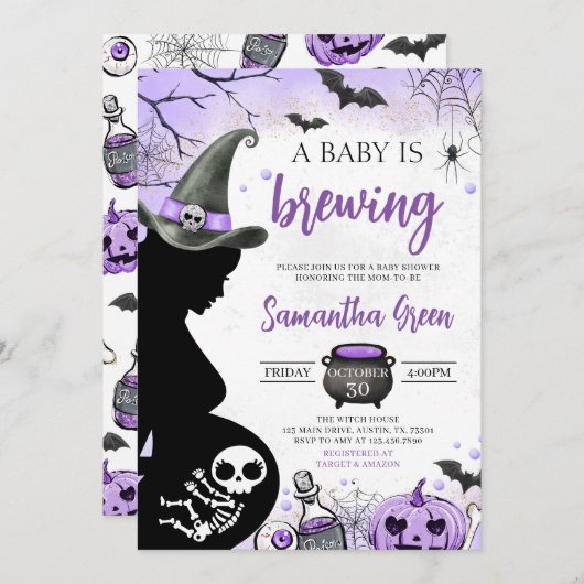 Paarse Baby brouwt Halloween Baby shower Kaart (Voorkant / Achterkant)